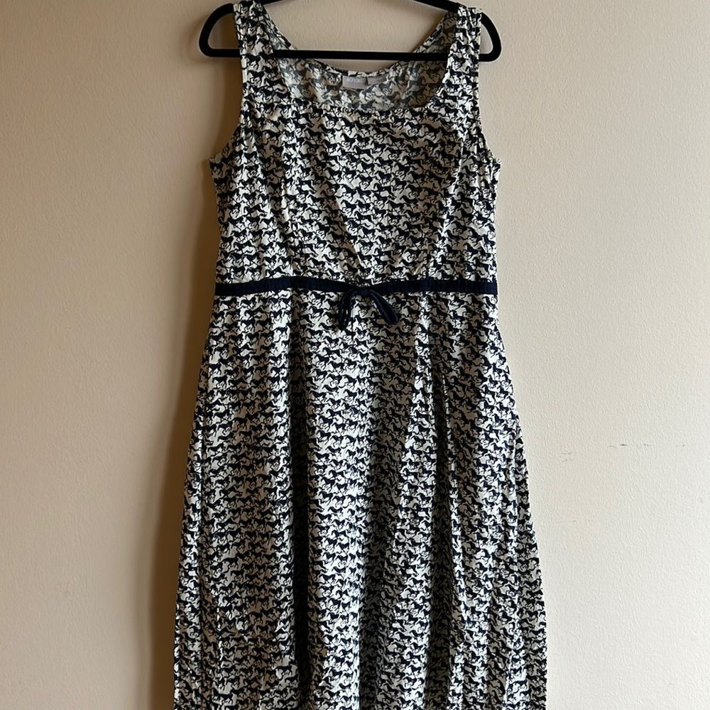 eShakti Navy Galloping Horse Print Midi Dress Pockets Sz 14 EUC